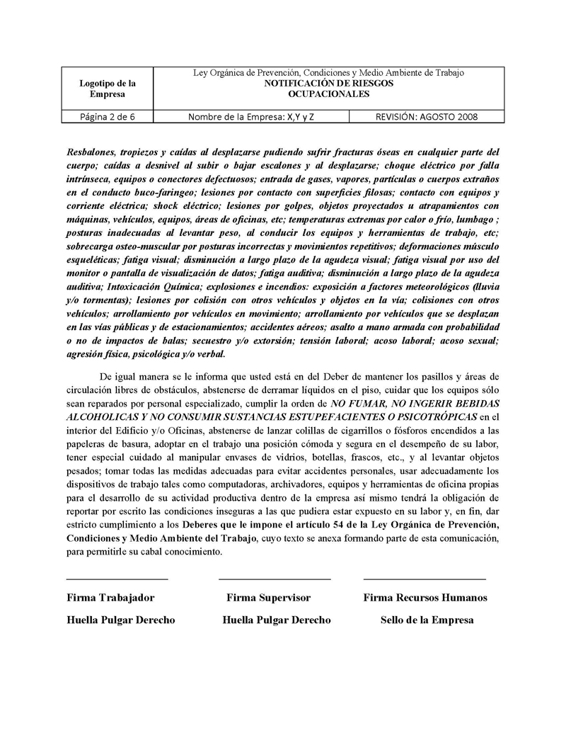 Formato de notificación de riesgos ocupacionales – Seguridad industrial  (Venezuela)