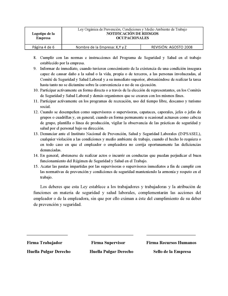 Formato de notificación de riesgos ocupacionales – Seguridad industrial  (Venezuela)